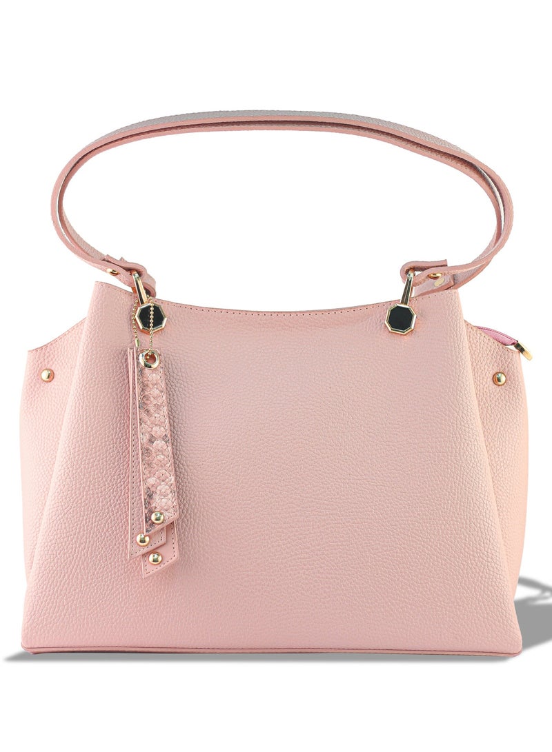 حقيبة يد نسائية أنيقة من الجلد المحبب الفاخر مع شرابة من جلد الثعبان، حقيبة عصرية للعمل والاستخدام اليومي (لون وردي)